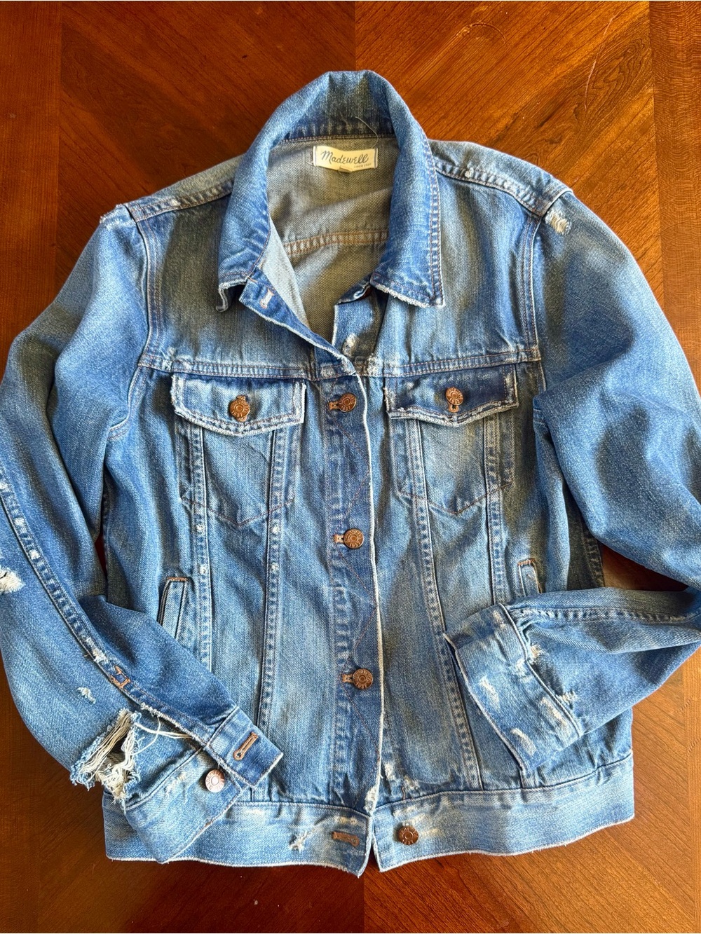 Madewell Distressed Denim Trucker Jean Jacket - Ellery Wash - Women's Large